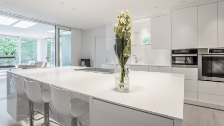 Modern kitchen layout with central island.