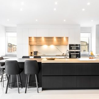 Modern Kitchen with central island and built-in appliances.