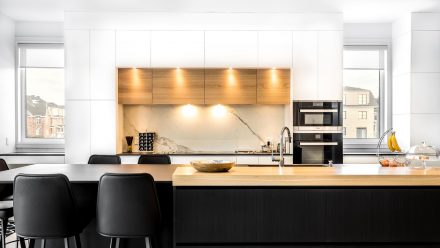 Contemporary Kitchen with LED lighting under the cabinets and high-end appliances.