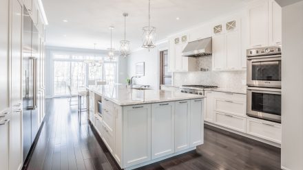 Kitchen with white cabinets in a modern and spacious space.