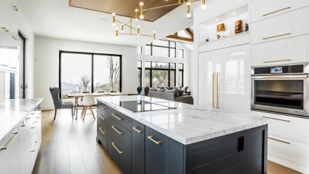 Gray kitchen with central island and built-in cabinets.