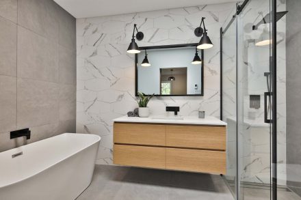 Modern bathroom with white countertop.