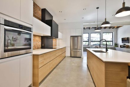 Hanging wall cabinets with integrated lighting.