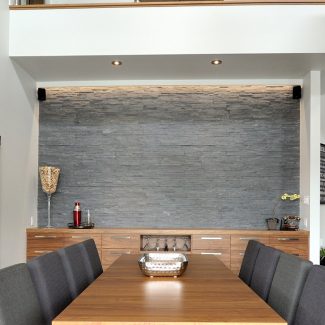 Contemporary home with built-in furniture.