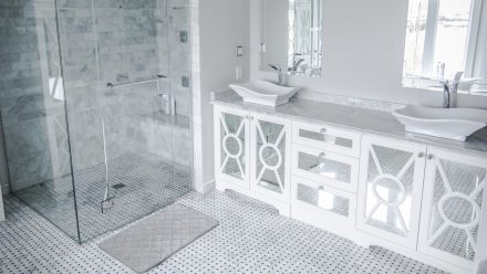 Under sink storage furniture in a classic bathroom.