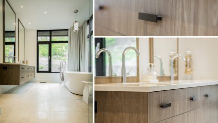 Sleek and modern bathroom with separate bathtub and shower.