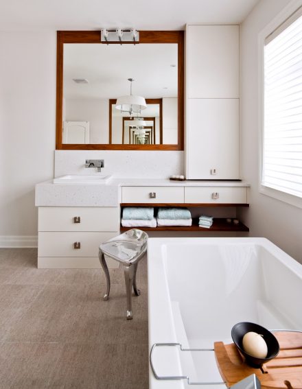 Modern bathroom with white cabinets.