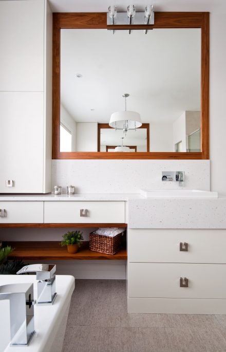 Modern bathroom with white cabinets.