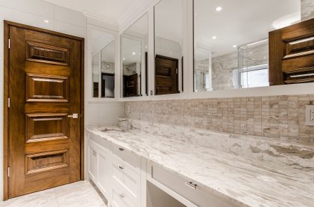 Designer layout of a traditional bathroom in a spacious interior.