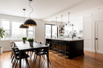 Contemporary kitchen design with white cabinets and central island.