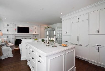Elegant Kitchen with central island and white cabinets.