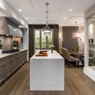 Modern kitchen furniture with glass cabinet.