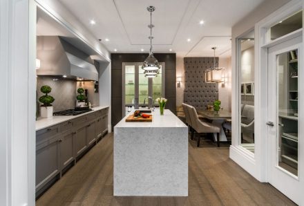 Modern kitchen furniture with glass cabinet.