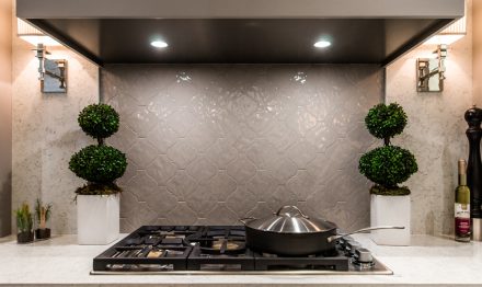 Kitchen with an elegant gray backsplash.