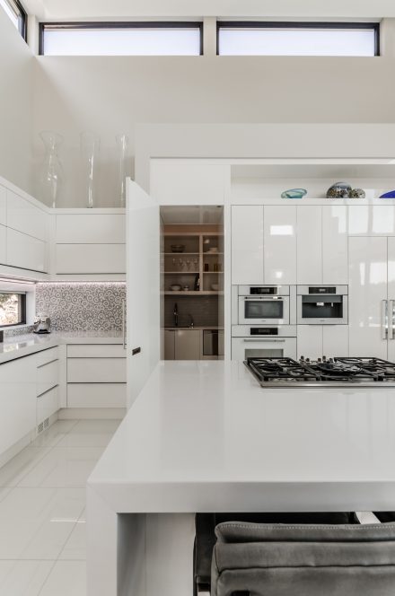 Elegant equipped kitchen with contemporary worktop.