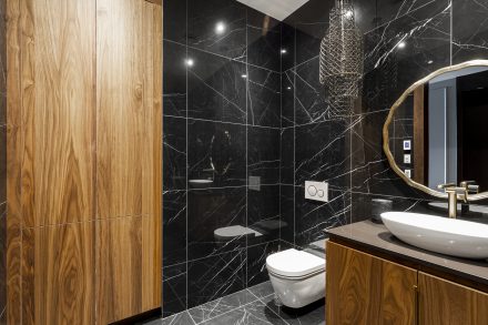 Dark bathroom with elegant storage.