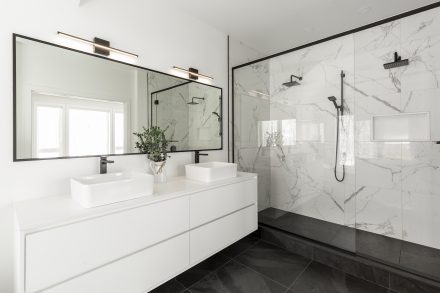 Modern and sleek bathroom with white cabinets.