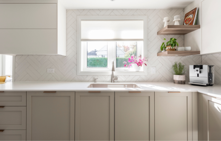 Contemporary kitchenwith with light-colored cabinets and elegant handles.