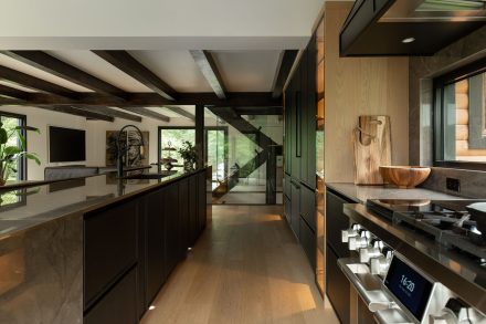 Modern dark kitchen with black and gold accents