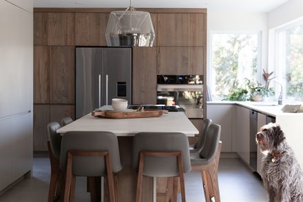 Natural wood accents in a spacious contemporary kitchen.