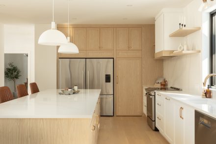 Farmhouse kitchen with wooden cabinets and