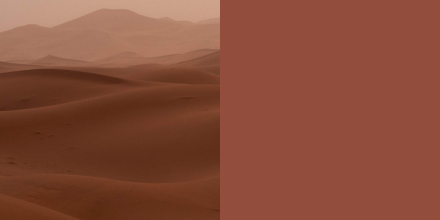 Terracotta Coucher de soleil du Kalahari (MQ1-25), teinte chaude inspirée du style Mid-Century, mise en avant dans la palette Tendance Couleur 2025 de BEHR.