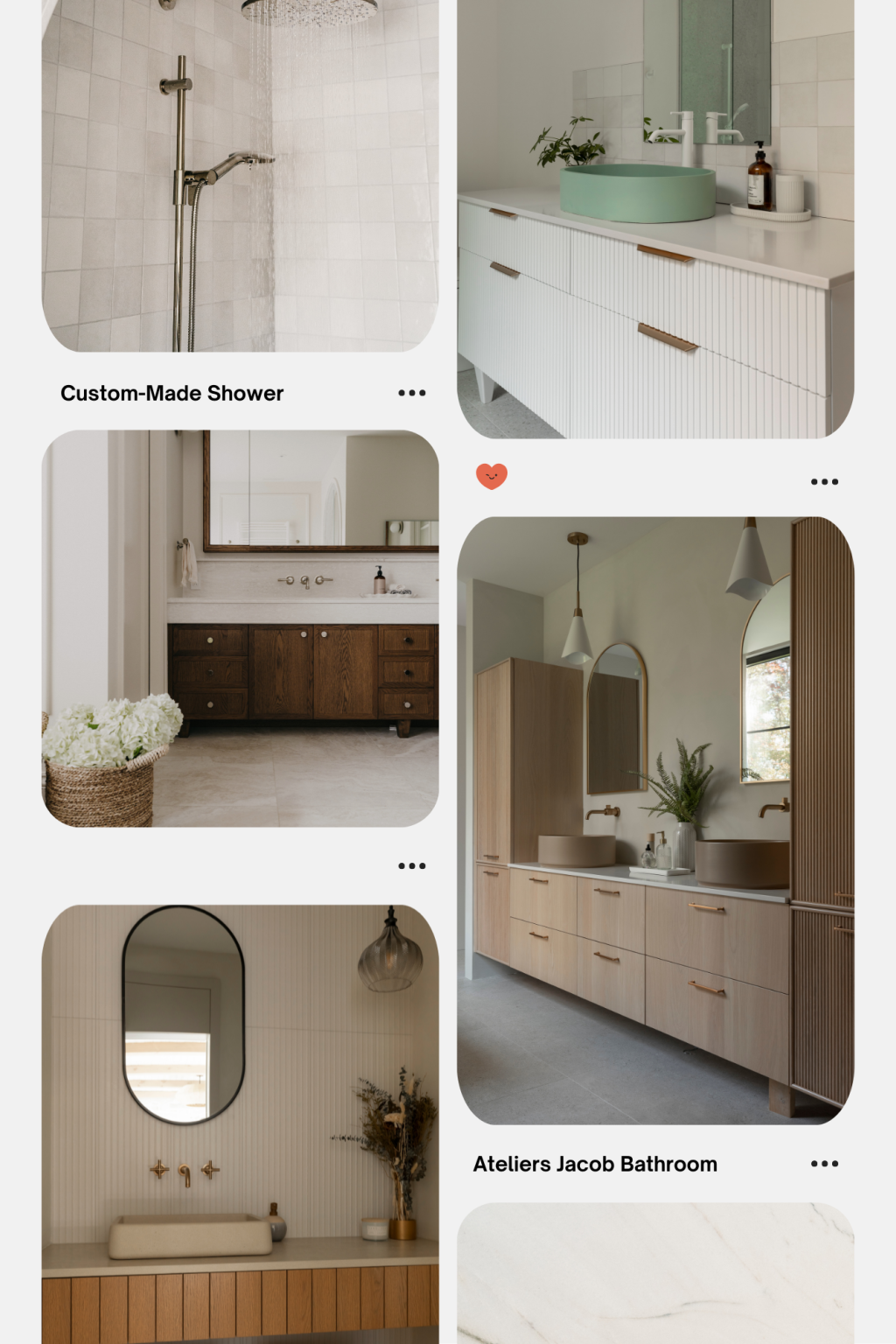 Moodboard d’inspiration pour salle de bain sur mesure conçu par Ateliers Jacob, avec douche italienne, vanités en bois et rangements fonctionnels.